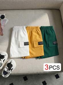 SHEIN Playful Pals 3条装男婴弹力腰短裤，多色梭织面料，侧边字母条纹，休闲工装风，适合6个月至3岁宝宝，夏季必备 - 彩色 - 查看 2