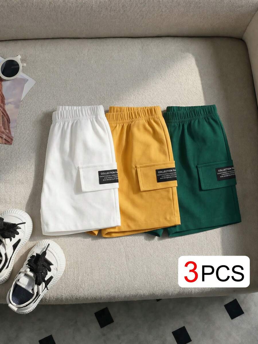 SHEIN Playful Pals 3条装男婴弹力腰短裤，多色梭织面料，侧边字母条纹，休闲工装风，适合6个月至3岁宝宝，夏季必备