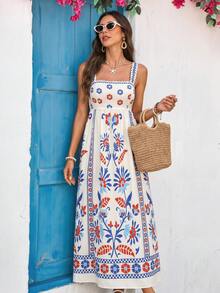 Vivid Eden 女士优雅浪漫度假吊带连衣裙，适合春夏休闲穿着和海滩装扮 - 藍白色 - 查看 4