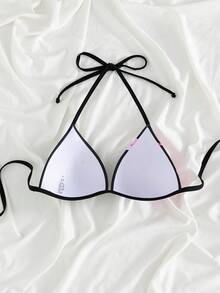 Swim Vcay 女士最新时尚沙滩装，度假休闲套装，粉色百合花印花黑色吊带比基尼上衣套装，优雅性感夏季女士泳装 - 黑色 - 查看 2