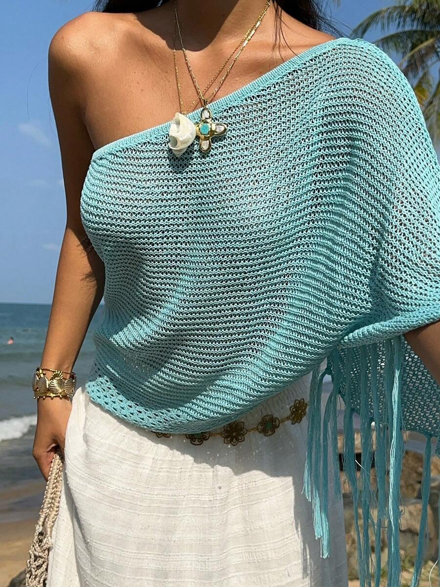 Sunnyshic Women's Blue Fashionable Versatile Asymmetric Neck Casual Hollow-Out Knitted Shawl Top, Suitable For Summer Vacation.  Resort, Beach. - Blue - View 1