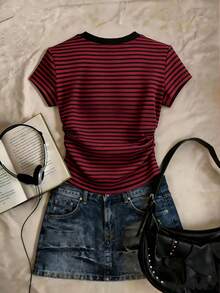 Camiseta casual de mujer de cuello redondo, manga corta, a rayas y fruncida, para verano - Burdeos 2 - Ver 2