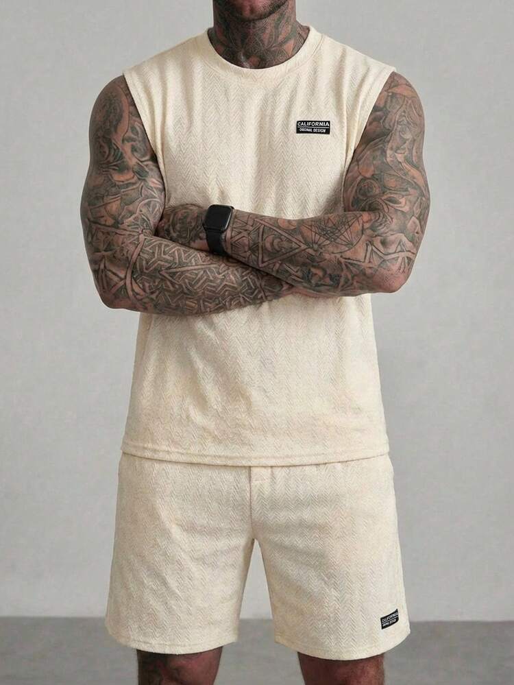 Men's Textured Graphic Tank Top And Shorts Set, Summer