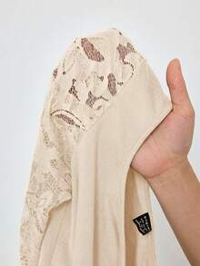 SHEIN Lady 加大码女士撞色蕾丝长袖上衣和喇叭裤优雅两件套，杏色 - 杏色 - 查看 8
