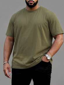 DRIVNCORE Camiseta casual de manga corta de cuello redondo de unicolor de talla grande para hombre, para el verano - Verde militar - Ver 1