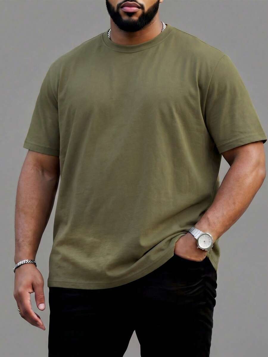 DRIVNCORE Camiseta casual de manga corta de cuello redondo de unicolor de talla grande para hombre, para el verano - Verde militar - Ver 1