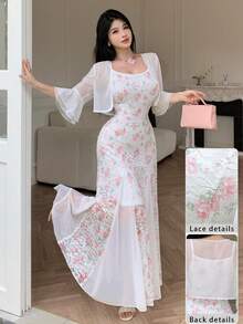 Modelyn 春夏优雅蕾丝印花修身鱼尾连衣裙配雪纺披肩两件套 - 彩色 - 查看 1