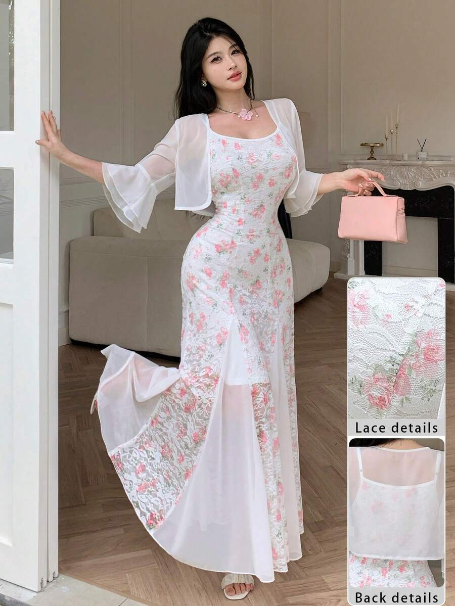 Modelyn 春夏优雅蕾丝印花修身鱼尾连衣裙配雪纺披肩两件套 - 彩色 - 查看 1
