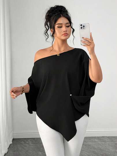 SHEIN Elenzya Áo kiểu dáng rộng rãi, màu trơn, vạt áo bất đối xứng, cỡ lớn.