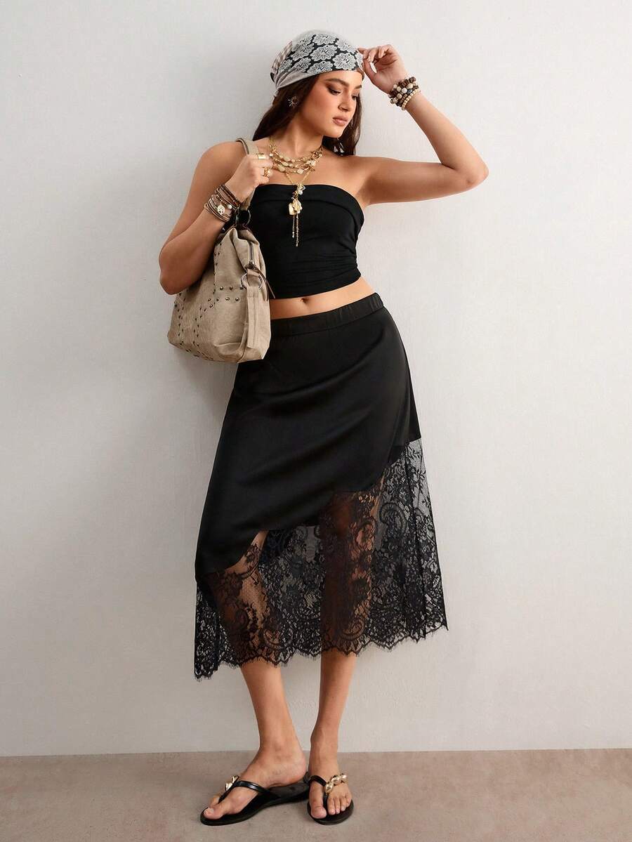 Freevana Plus Size Women's Lace Patchwork Asymmetric Design Black Skirt, Elegant Daily Wear, Spring & Summer Shell Trim, Asymmetrical Design, Satin, Midi Skirt, Music Festival Outfit; Pure Black Skirt, Elegant Style, Suitable For Everyday Wear. - Black - View 1