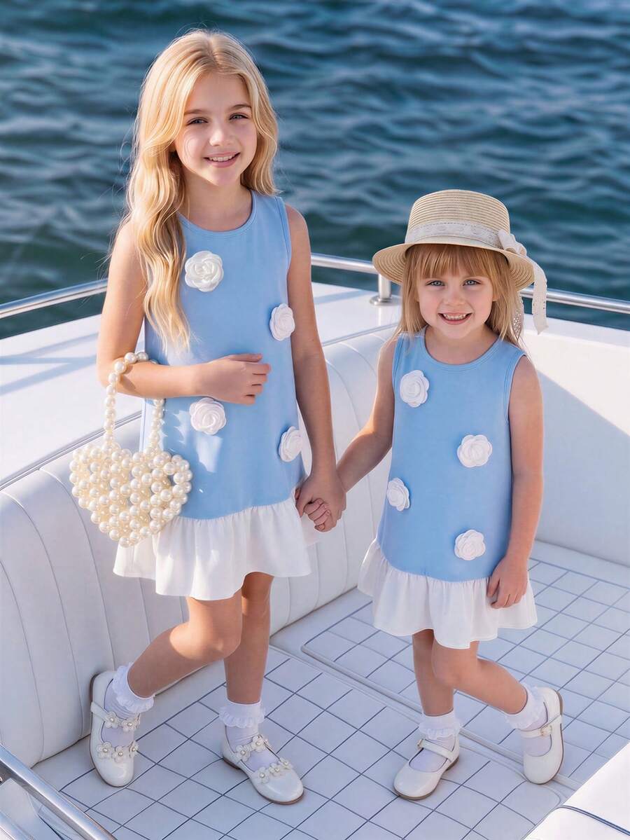 SHEIN Elladie kids Vestido de festa casual para menina, com decote redondo, decoração floral 3D e blocos de cores. - Azul - Ver 1