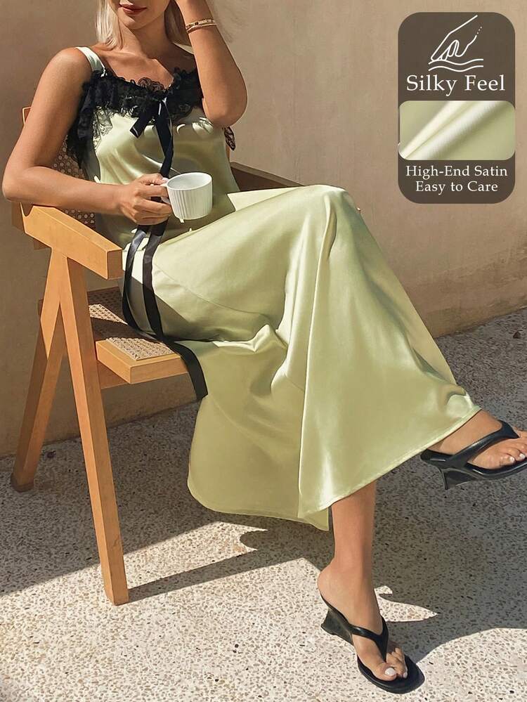 Women's Sexy Green Lace Patchwork Bow Decor Sleeveless Nightgown