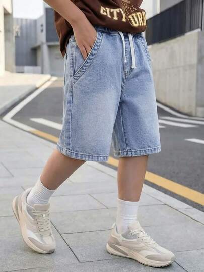 Tween BoySummer Elastic Waist Drawstring Casual Washed Blue Straight Loose Fit Denim Bermuda Shorts, Suitable For Holiday, Daily Wear, School, Commute, Party, Home, Festivals