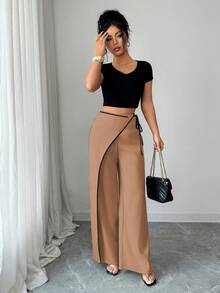 SHEIN Elenzya Pantaloni de costum largi, eleganți, de culoare caisă, în blocuri de culoare, pentru femei - Kaki - Vizualizare 6