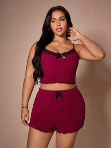 Lazeform Plus Size Casual Lace Patchwork V-Neck Camisole & Shorts Pajama Set - Multicolor - View 4