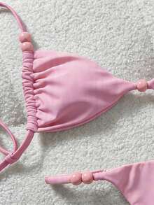SHEIN Swim Mod Swim Mod-D 女士纯色细肩带红色串珠装饰比基尼套装，春夏款 - 粉色 - 查看 6