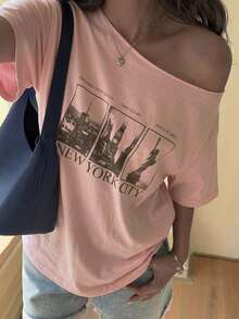 DAZY Teen Girls' Casual Letter & Architecture Print Asymmetric Neck Short Sleeve T-Shirt, Summer - Camel - View 6