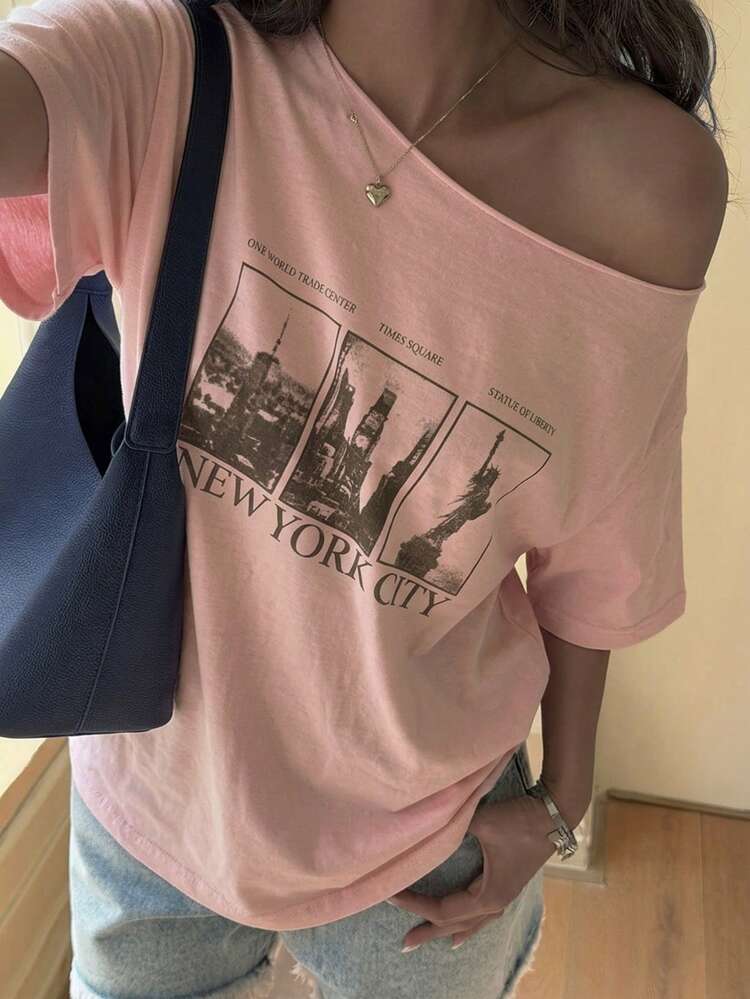 Teen Girls' Casual Letter & Architecture Print Asymmetric Neck Short Sleeve T-Shirt, Summer