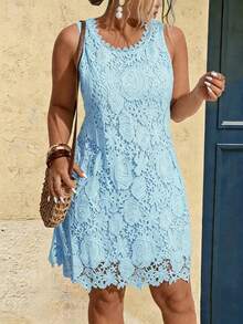 Breezaya Elegant White Lace Trim Plus Size Women Sleeveless Round Neck Dress, Spring/Summer - Baby Blue - View 4