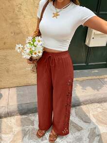 SHEIN Frenchy Women's Solid Color Hollow Out Twist Waist Casual Vacation Pants - Red - View 6