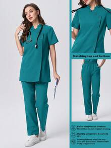 Scrubzie 防皱立领短袖多扣女式手术服套装（上衣和裤子） - 綠色 - 查看 1