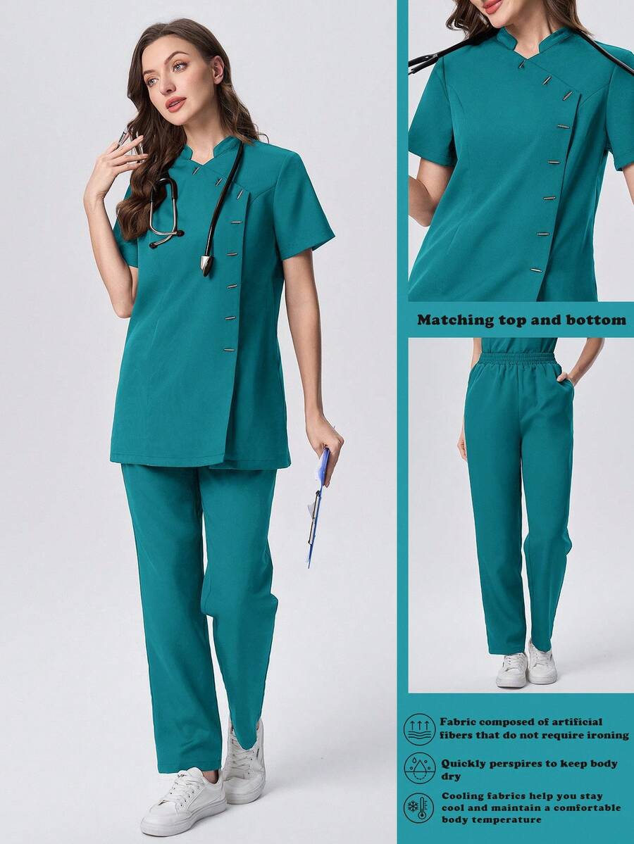 Scrubzie 防皱立领短袖多扣女式手术服套装(上衣和裤子) - 綠色 - 查看 1