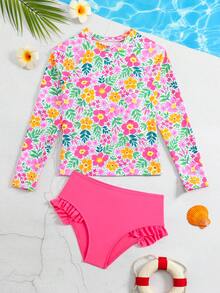SHEIN 少女碎花比基尼套装，长袖针织面料泳装，可爱粉色花朵图案，时尚休闲优雅泳装，适合游泳、海滩、泳池、夏季度假等场合。 - 玫紅色 - 查看 2