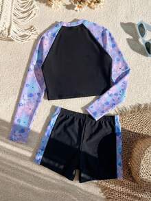 SHEIN 少女撞色长袖防晒泳衣和短裤两件套泳装，适合夏季度假，少女长袖泳衣，女童长袖泳衣，带袖子，柔软舒适 - 黑色 - 查看 5