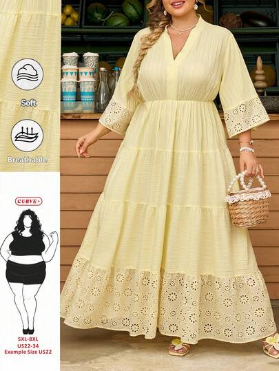 SHEIN CURVE+ Đầm maxi cỡ lớn, màu trơn, khoét rỗng, thêu ghép mảnh, phong cách thường ngày.