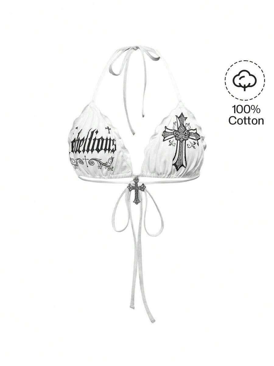 Spring/Summer Vacation Baech White Y2K Gothic Cross Print Rhinestone Decor Halter Neck Cami Tank Top - White - View 1