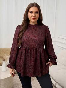 SHEIN LUNE Plus Size Leopard Print Long Sleeve T-Shirt - Red - View 4