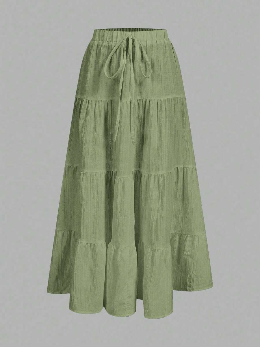 SHEIN EZwear 女士休闲度假多层蛋糕裙，适合夏季穿着 - 綠色 - 查看 1