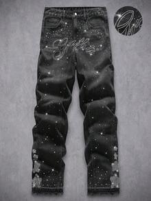 Manfinity Denimwave Quần jean denim ống rộng dáng casual nam đính đá chữ cái - màu đen - Xem 1