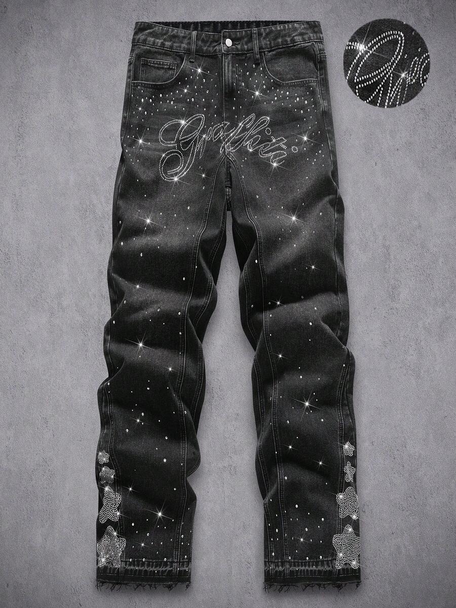 Manfinity Denimwave Quần jean denim ống rộng dáng casual nam đính đá chữ cái - màu đen - Xem 1