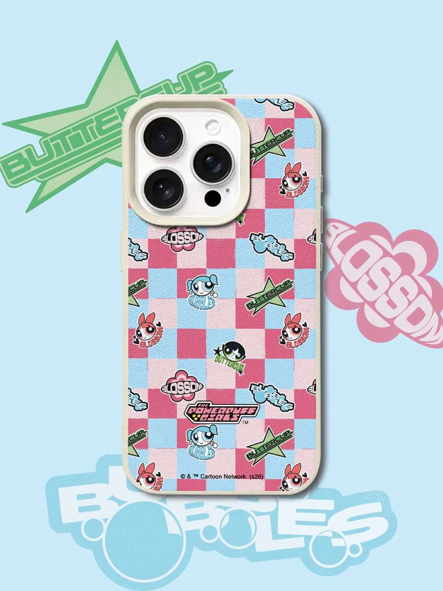 THE POWERPUFF GIRLS X SHEIN Ốp lưng điện thoại Powerpuff Girls Blossom, Bubbles, Buttercup in hình hoạt hình màu hồng xanh caro, chất liệu da màu be, chống sốc, chống rơi, bảo vệ toàn diện cho iPhone 16 15 14 13 12 Pro Max Plus, phong cách Y2K retro, dễ thương, nữ tính, thời trang cao cấp. - Nhiều màu - Xem 1