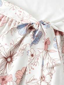SHEIN Franclia 女款圓領泡泡袖花卉印花優雅中長洋裝，夏季 - 白色 - 查看 5