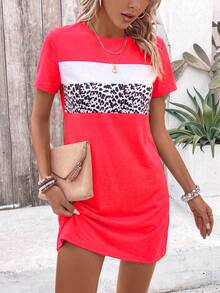 EMERY ROSE Women's Casual Leopard Print Patchwork Round Neck Short Sleeve Dress - Multicolor - View 6