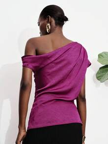 Aveloria Modichic Elegant Asymmetric Shoulder Textured Fabric Ruched Metal Buckle Decor Sleeveless Blouse, Flattering Waist Design For Commuting & Daily Wear - Purple - View 2