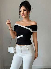 Elenzga Lace Patchwork Criss-Cross Off-Shoulder Blouse, Summer Lesbian Latest Tops For Women New Arrivals Blouses For Women New T Shirt Tops For Women Business Casual Women Tops - Black and White - View 5