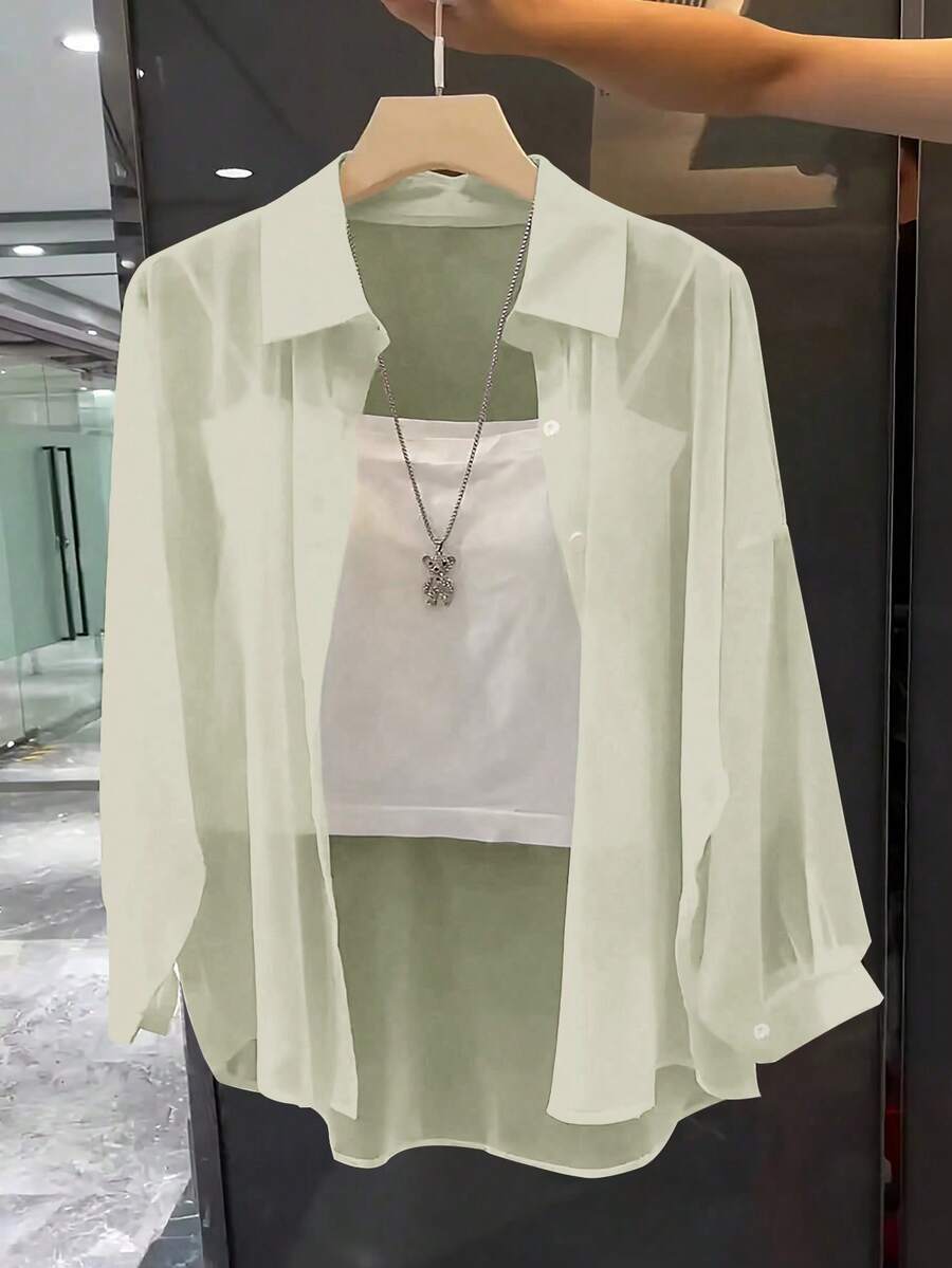 Franclia Lapel Basic Transparent Solid Simple Shirt Fall Cloth For Women - Apricot - View 1