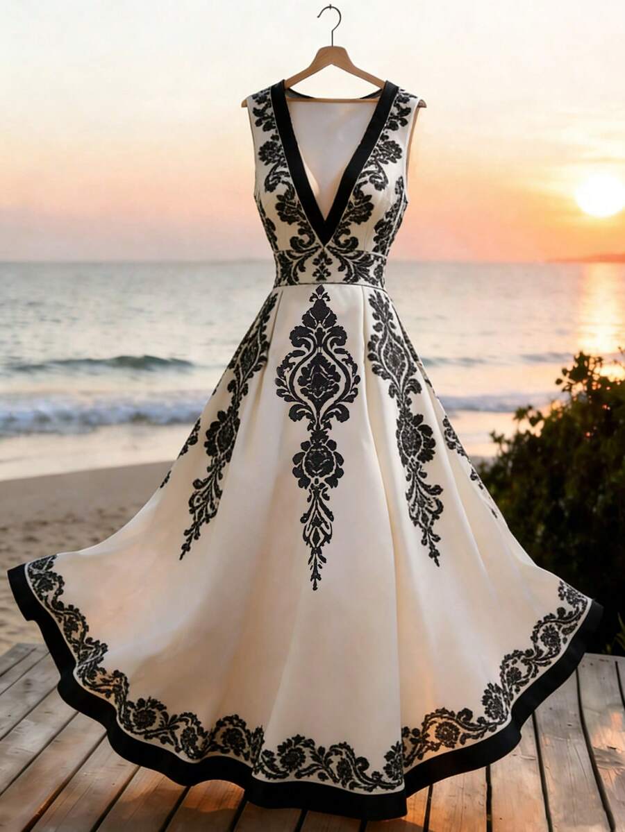 SHEIN Franclia Sleeveless Dress With Deep V-Neck Design, Paired With Exquisite Black Embroidery, A-Line Skirt Silhouette For Elegant And Vintage Charm - Apricot - View 1