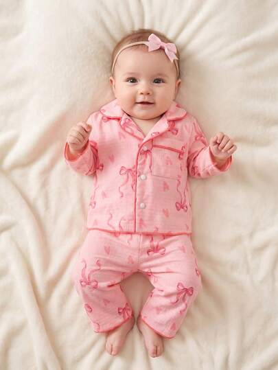 2 件套女婴樱桃印花长袖开衫和裤子家居服套装，梭织面料