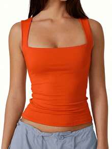 SHEIN SXY Plus Size Women Solid Color Pleated Fitted Casual Blouse Sleeveless Orange Top Burnt Orange Top Orange Tank Top Orange Top Square Neck Top - Orange - View 1