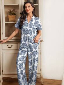 Serenescape Bubble Wrinkle Palm Leaf Print Short Sleeve Pajama Set - White - View 3