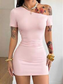 Coolane Women's Summer Streetwear Chic Y2K Date Night Minimalist Basic Daily Wear Cute Vacation Casual Stretchy Pink Off Shoulder Asymmetrical Neck Short Sleeve Mini Dress,Summer Dresses For Women - Pink - View 4
