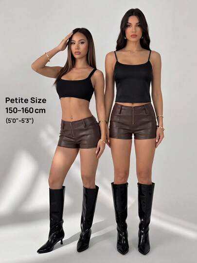 SHEIN PETITE Women's Solid Color Zipper Front Casual Shorts, Micro Shorts Brown Shorts Leather Shorts For Women Brown Leather Shorts Sexy Women's Shorts