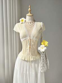 Elamini Áo kiểu nữ màu mơ bằng vải cotton jacquard cổ chữ V phối ren, thiết kế nơ, phong cách thường ngày, gợi cảm, ngọt ngào, dễ thương, thích hợp cho kỳ nghỉ. - Màu be - Xem 3