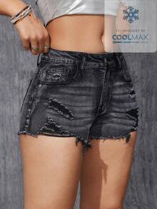 SHEIN ICON Plus Size Women's Fashion Versatile Washed Distressed Skinny Shorts - Black - View 5