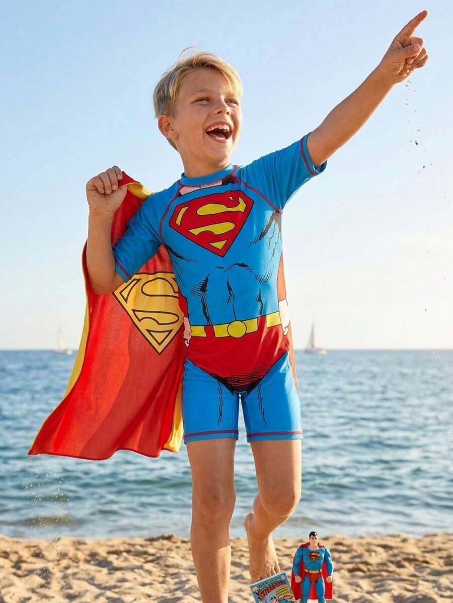 SUPERMAN X SHEIN Maija Kids 男童春夏修身拼接泳装，合作款 - 藍色 - 查看 1