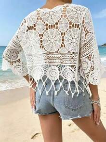 SHEIN Swim Cubrecuerpo tejido con abertura y bajo con flecos, ideal para vacaciones y tiempo libre en verano - Blanco - Ver 2